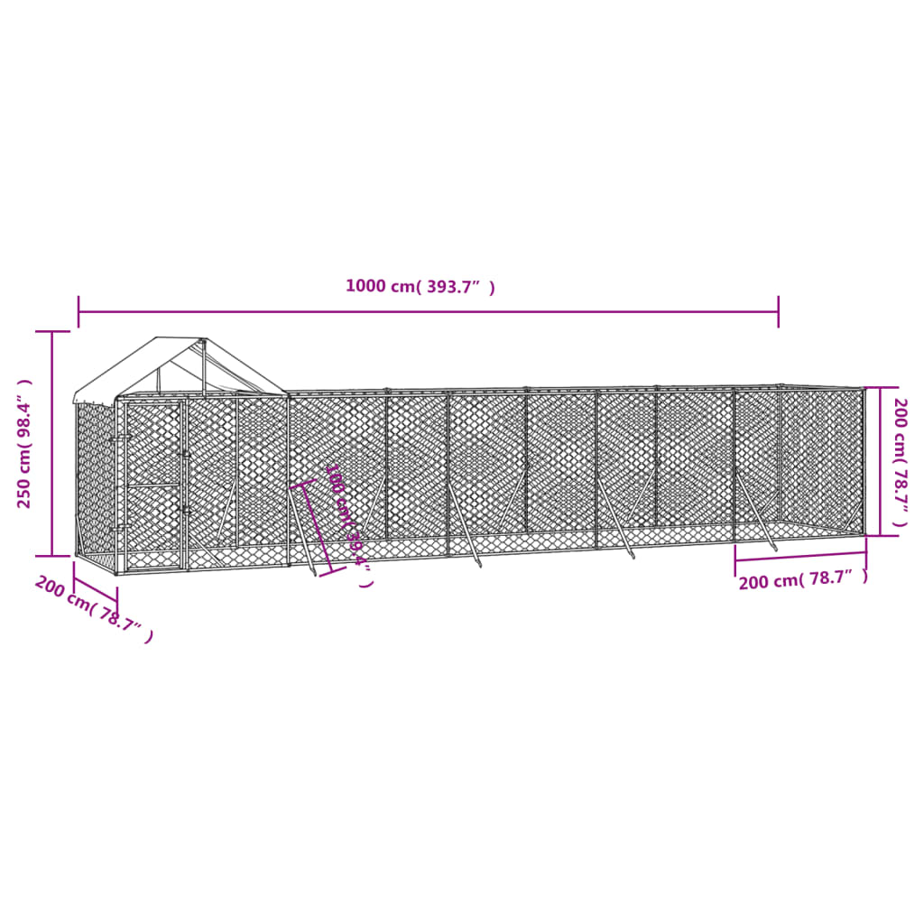 Outdoor Dog Kennel with Roof Silver 10x2x2.5 m Galvanised Steel