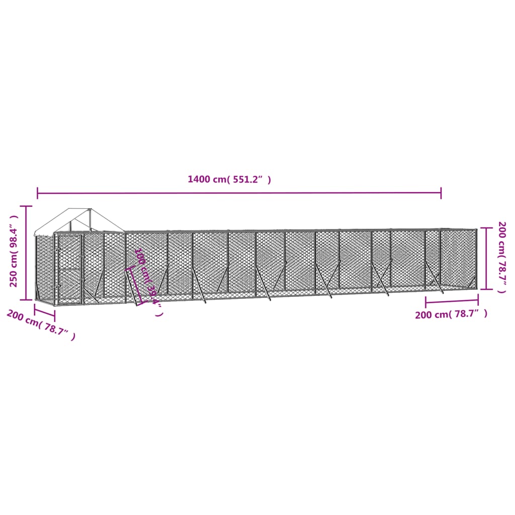 Outdoor Dog Kennel with Roof Silver 14x2x2.5 m Galvanised Steel