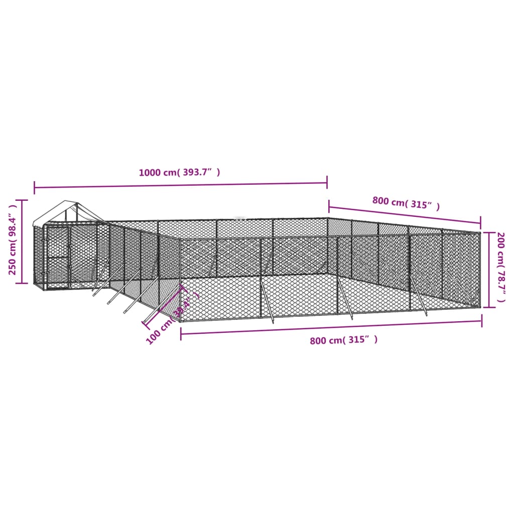 vidaXL Outdoor Dog Kennel with Roof Silver 10x8x2.5 m Galvanised Steel