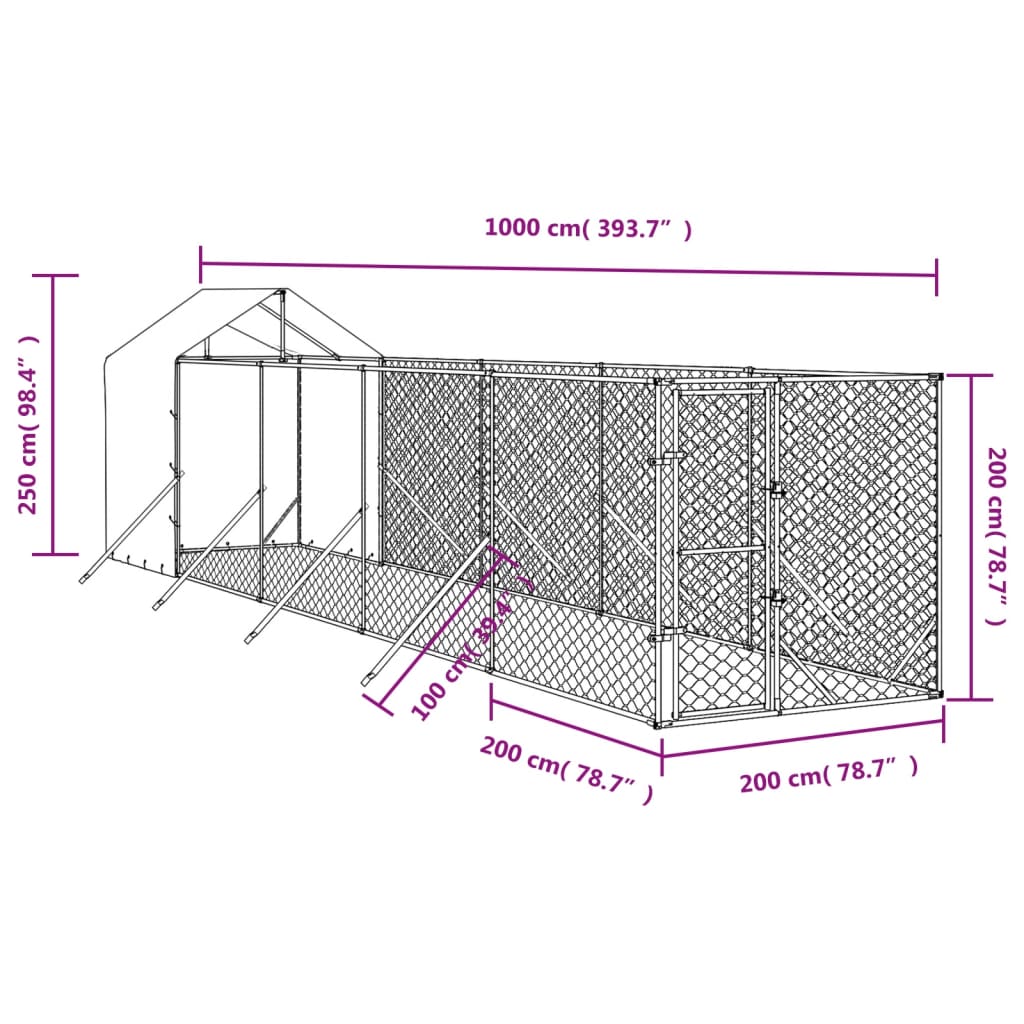 Outdoor Dog Kennel with Roof Silver 2x10x2.5 m Galvanised Steel