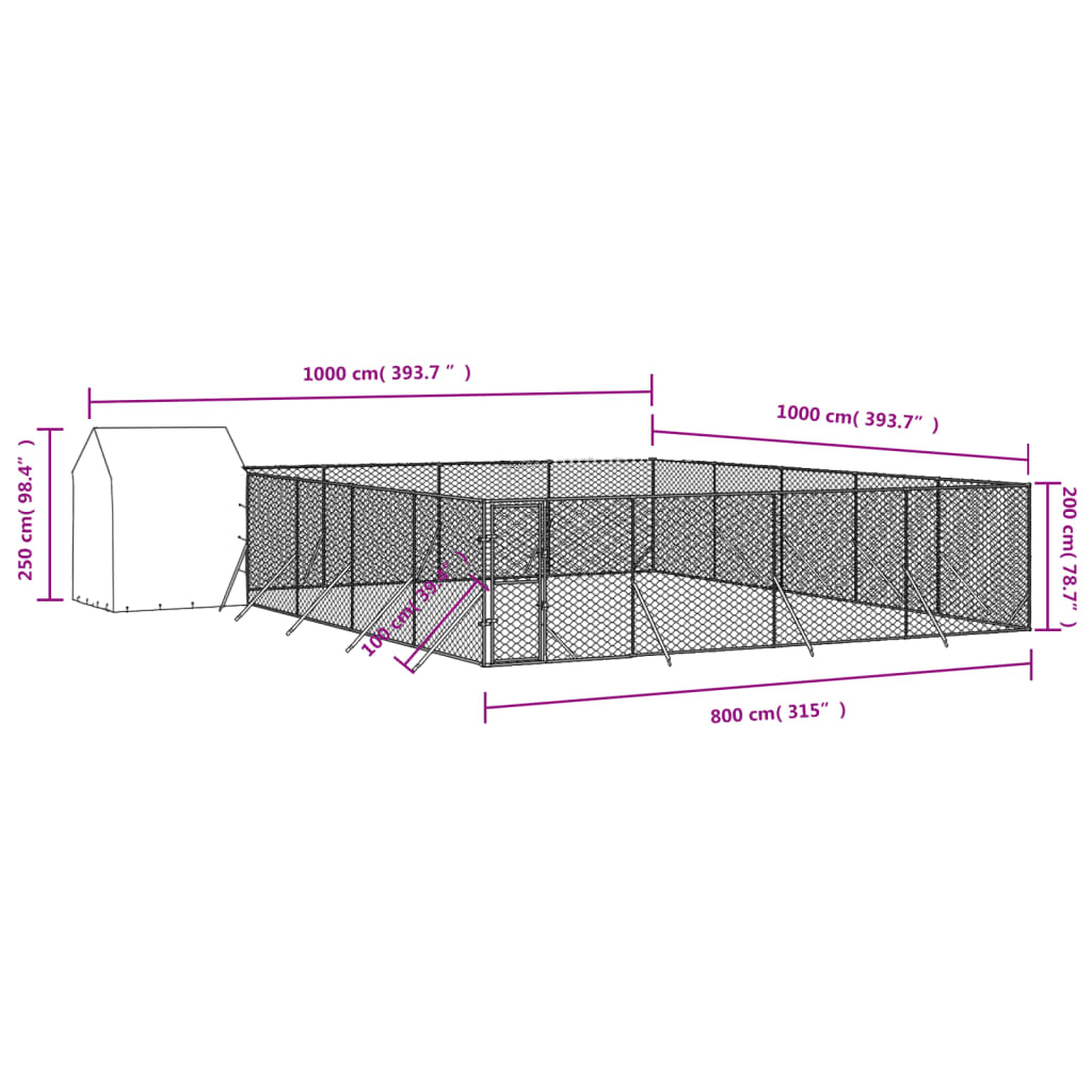 vidaXL Outdoor Dog Kennel with Roof Silver 10x10x2.5 m Galvanised Steel