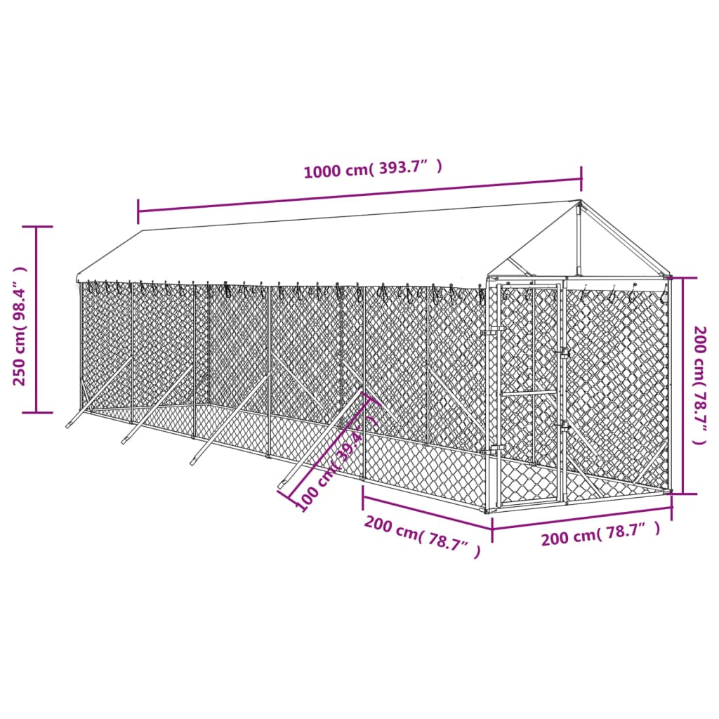 vidaXL Outdoor Dog Kennel with Roof Silver 2x10x2.5 m Galvanised Steel