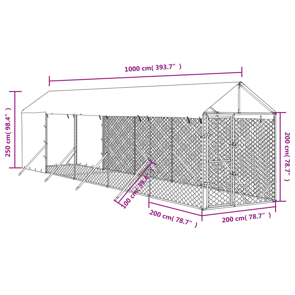 vidaXL Outdoor Dog Kennel with Roof Silver 2x10x2.5 m Galvanised Steel