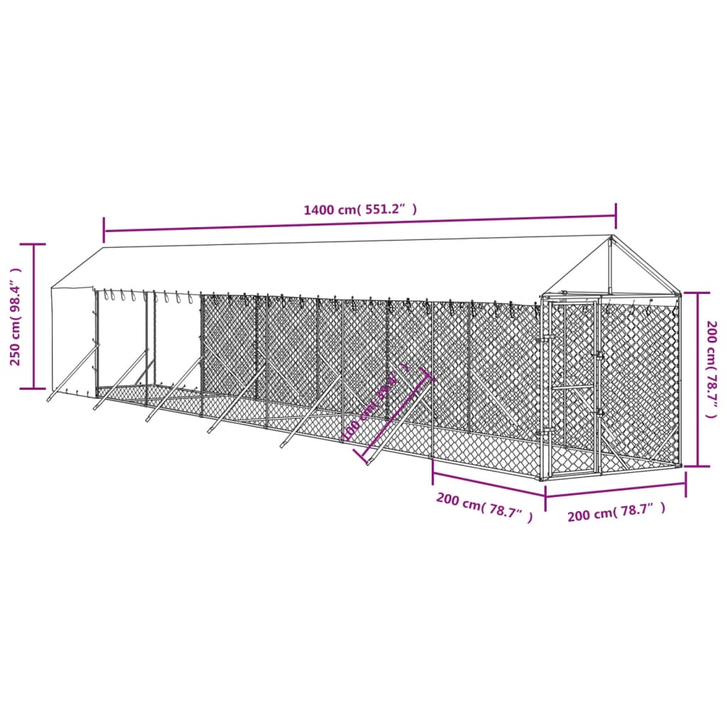 vidaXL Outdoor Dog Kennel with Roof Silver 2x14x2.5 m Galvanised Steel