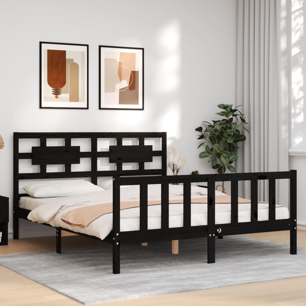 vidaXL Bed Frame without Mattress Black King Size Solid Wood Pine