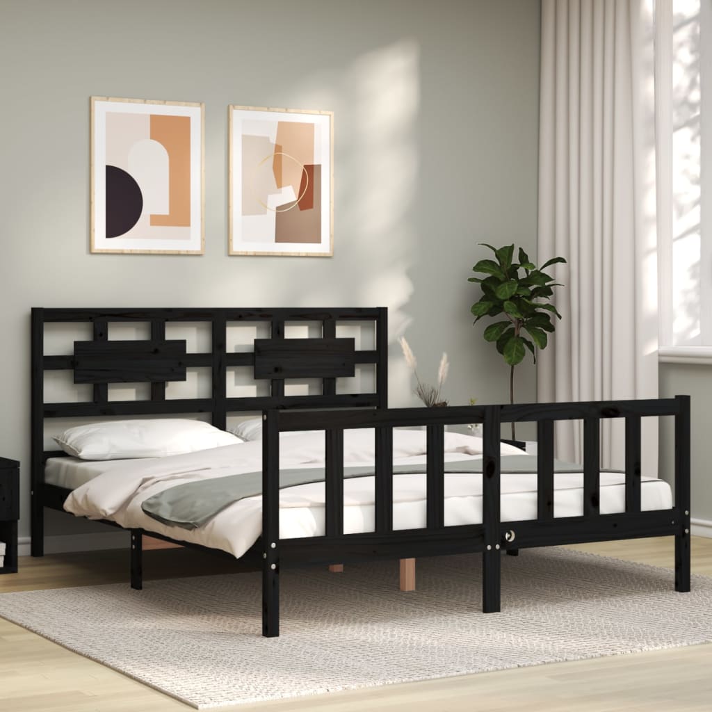 vidaXL Bed Frame without Mattress Black King Size Solid Wood Pine