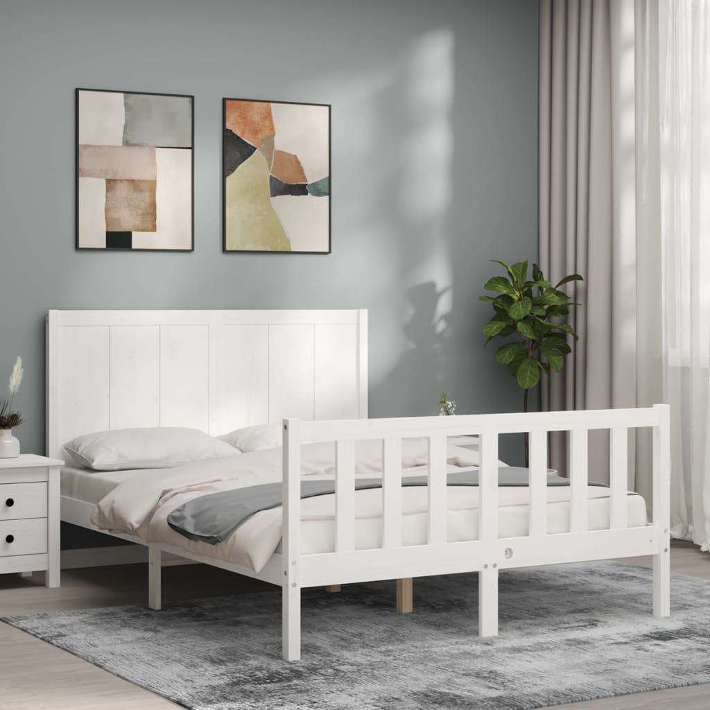 vidaXL Bed Frame with Headboard White Double Solid Wood