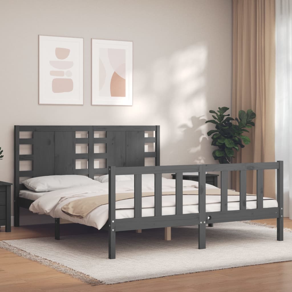 vidaXL Bed Frame without Mattress Grey King Size Solid Wood Pine