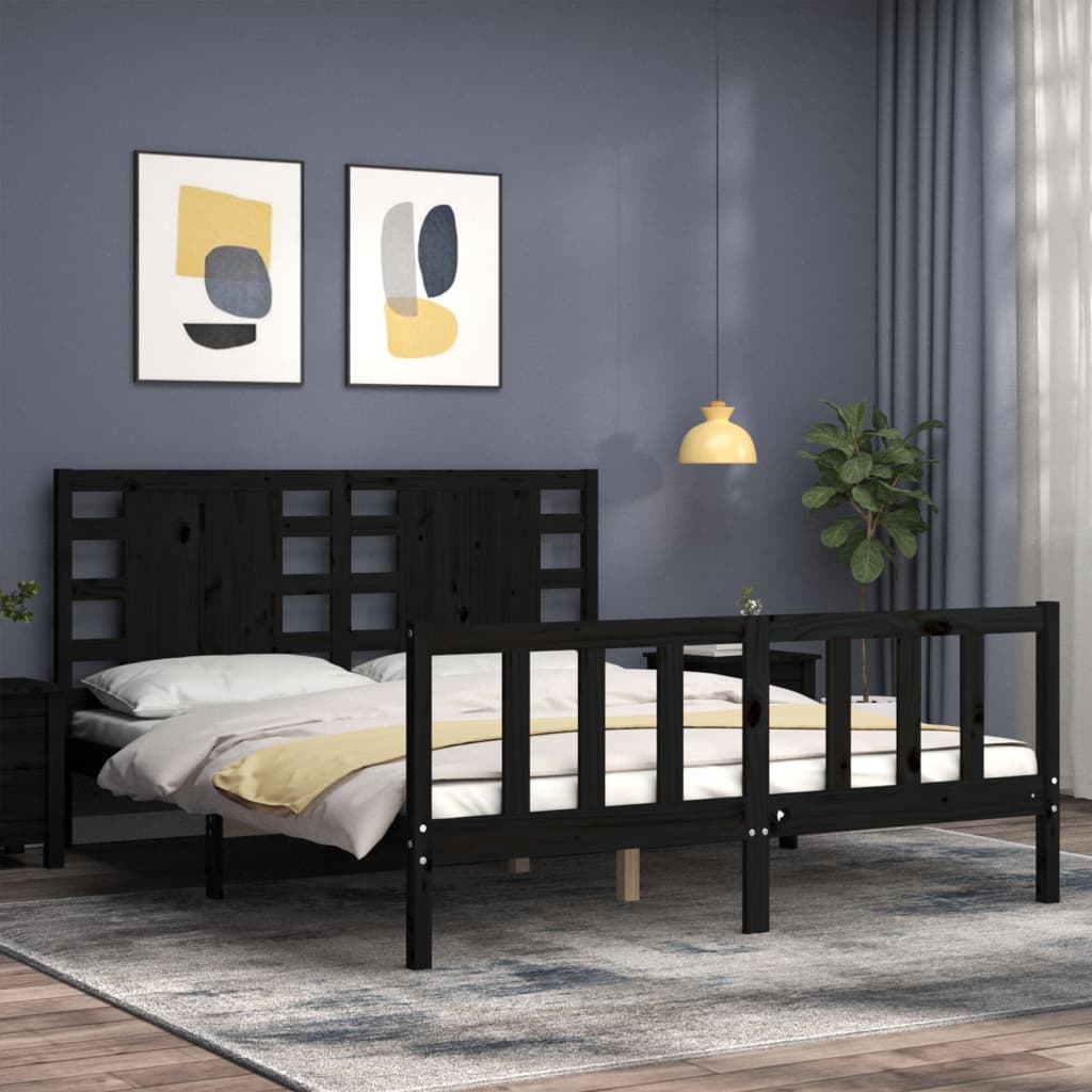 vidaXL Bed Frame without Mattress Black King Size Solid Wood Pine