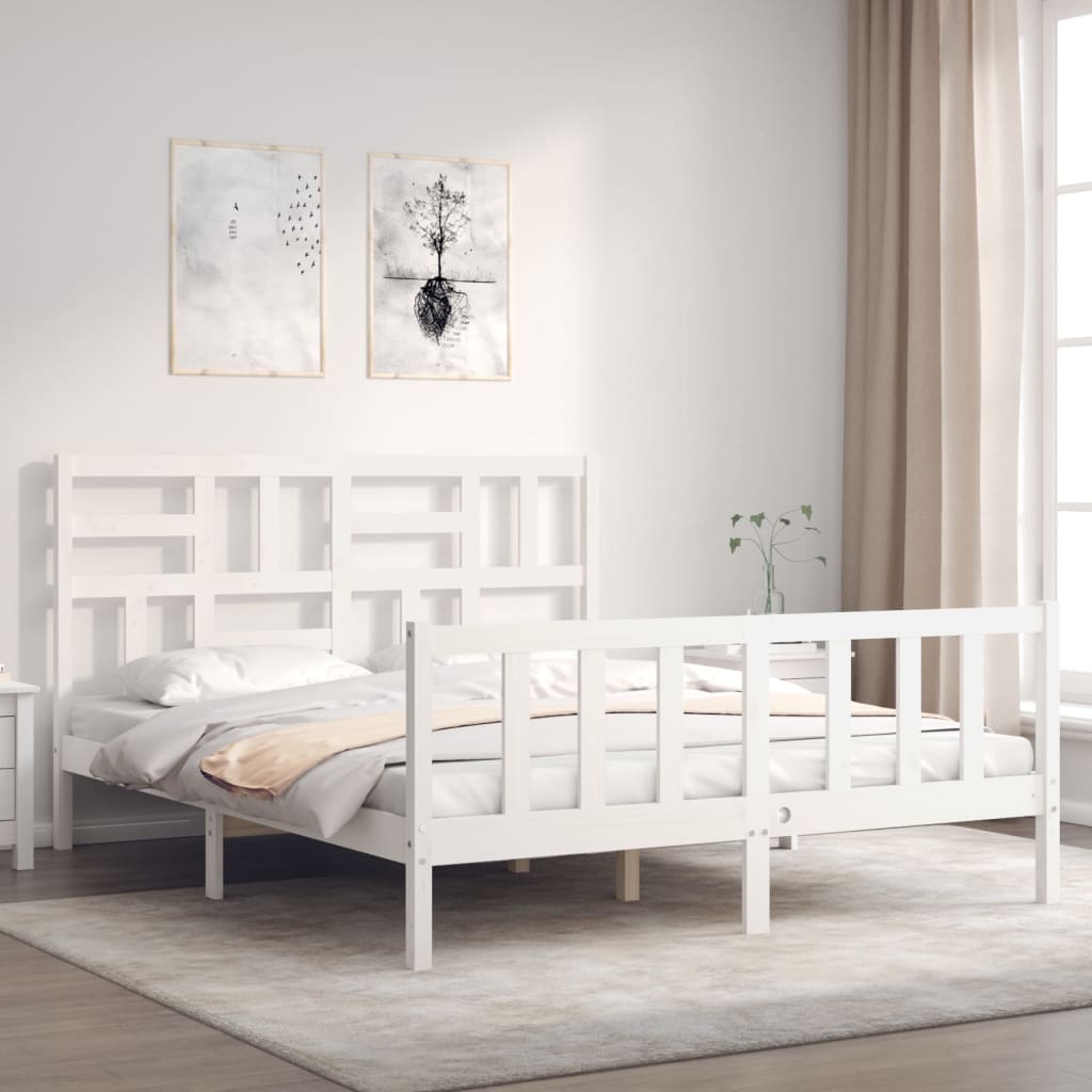 vidaXL Bed Frame without Mattress White King Size Solid Wood Pine