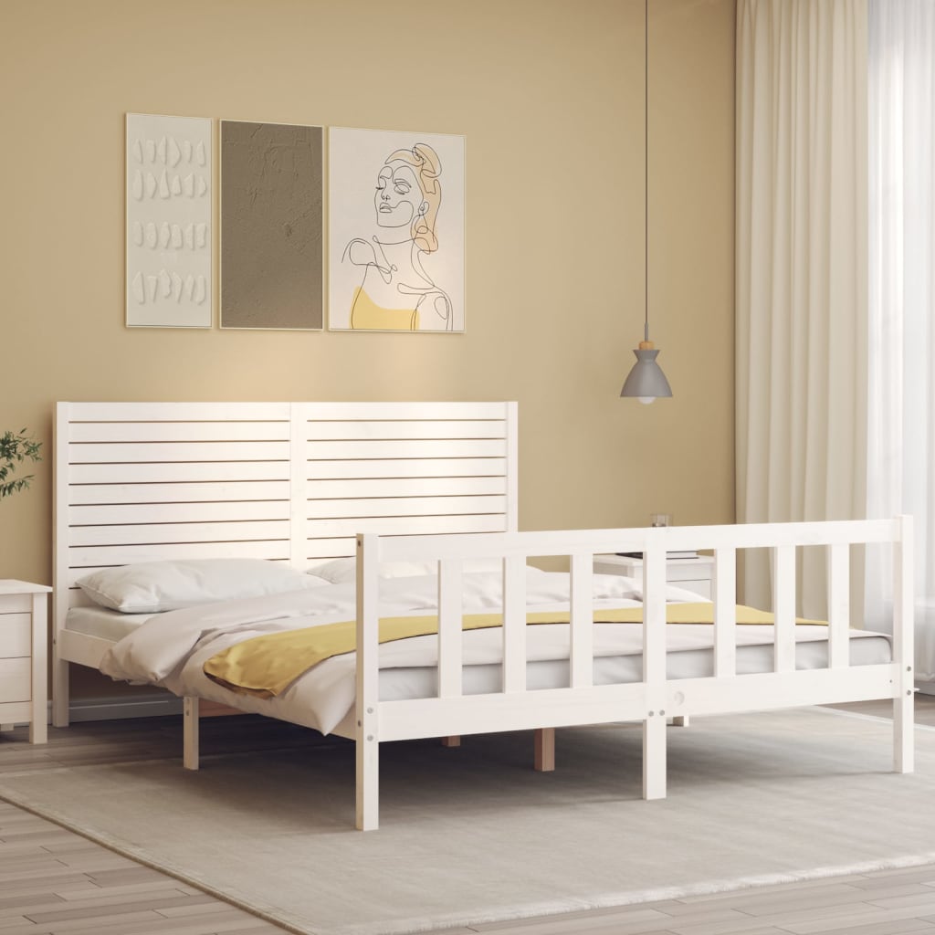 vidaXL Bed Frame without Mattress White King Size Solid Wood Pine