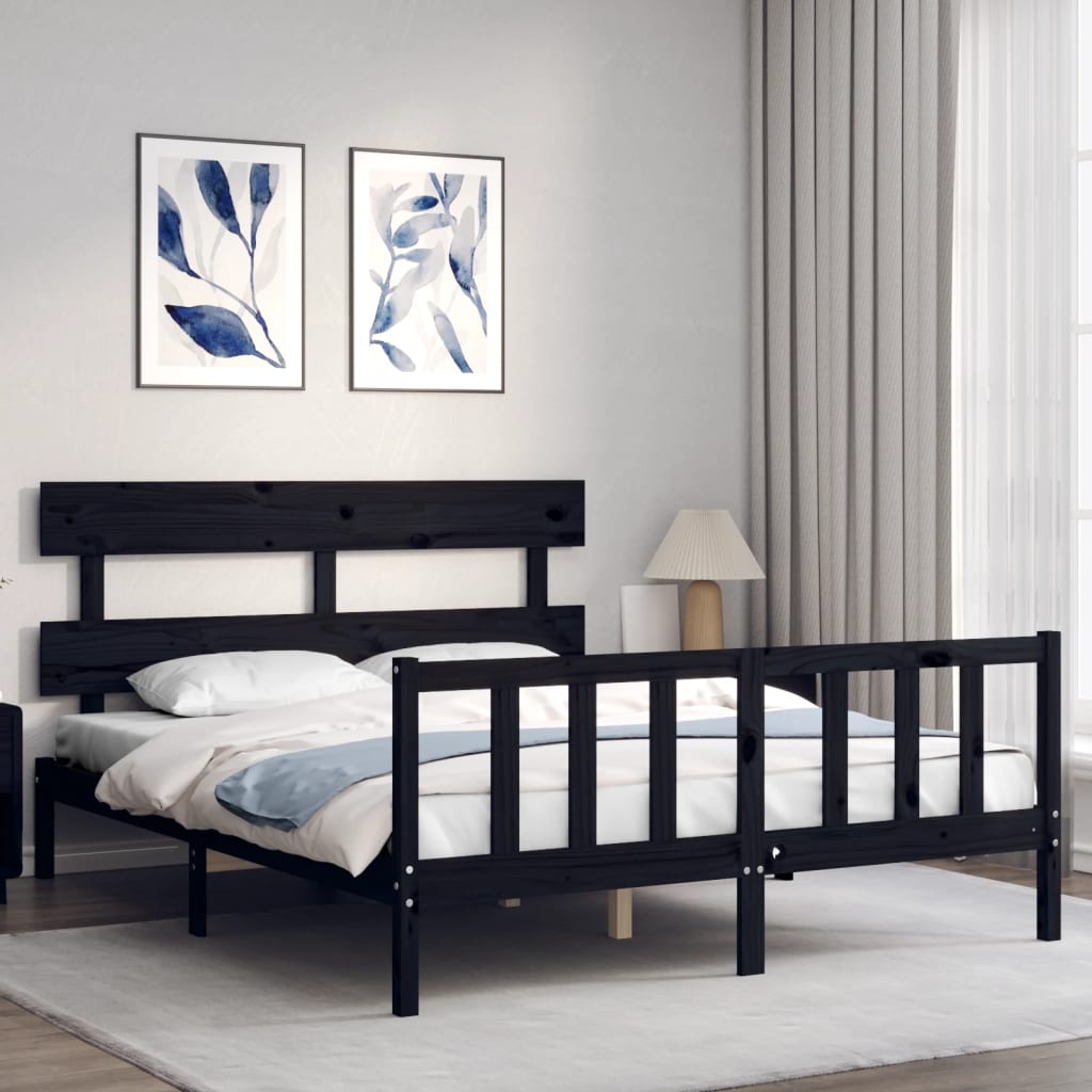 vidaXL Bed Frame without Mattress Black King Size Solid Wood Pine