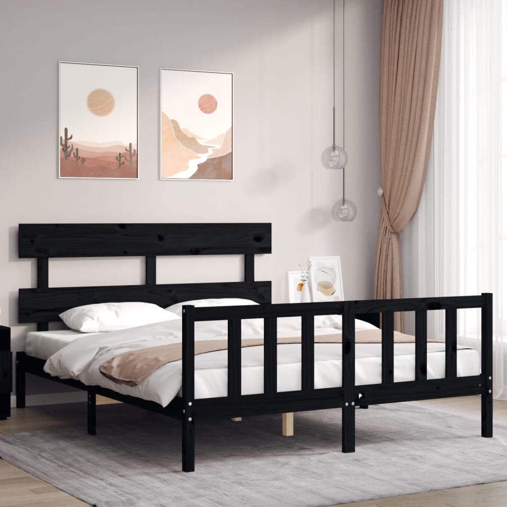 vidaXL Bed Frame without Mattress Black King Size Solid Wood Pine