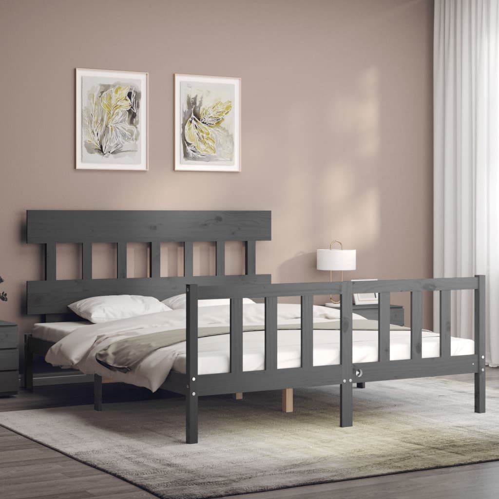 vidaXL Bed Frame without Mattress Grey King Size Solid Wood Pine