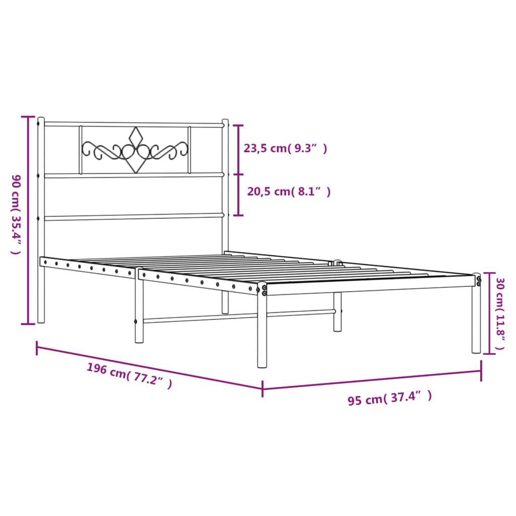 vidaXL Metal Bed Frame without Mattress with Headboard Black 90x190cm