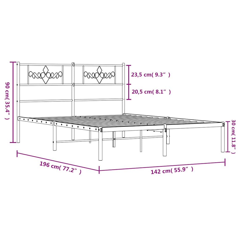 Metal Bed Frame without Mattress with Headboard Black 135x190cm