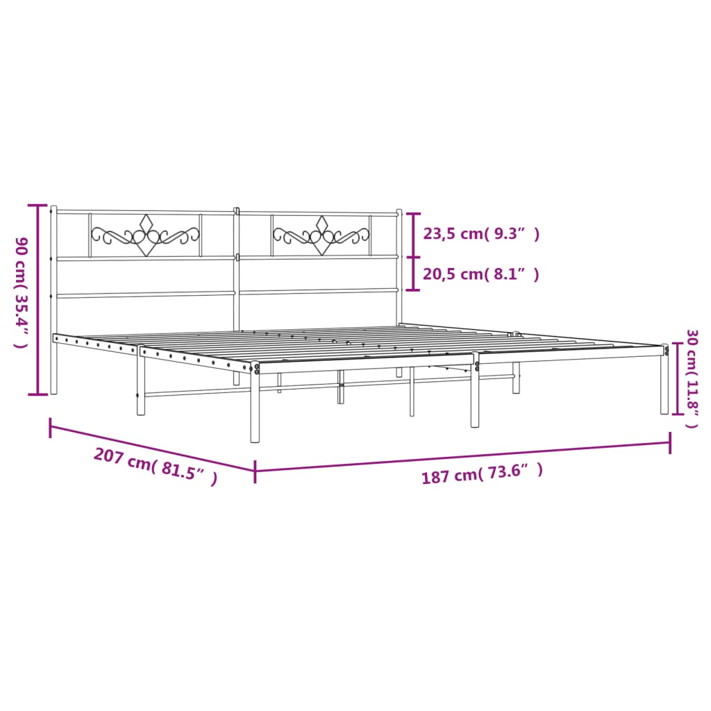 Metal Bed Frame without Mattress with Headboard Black 180x200cm