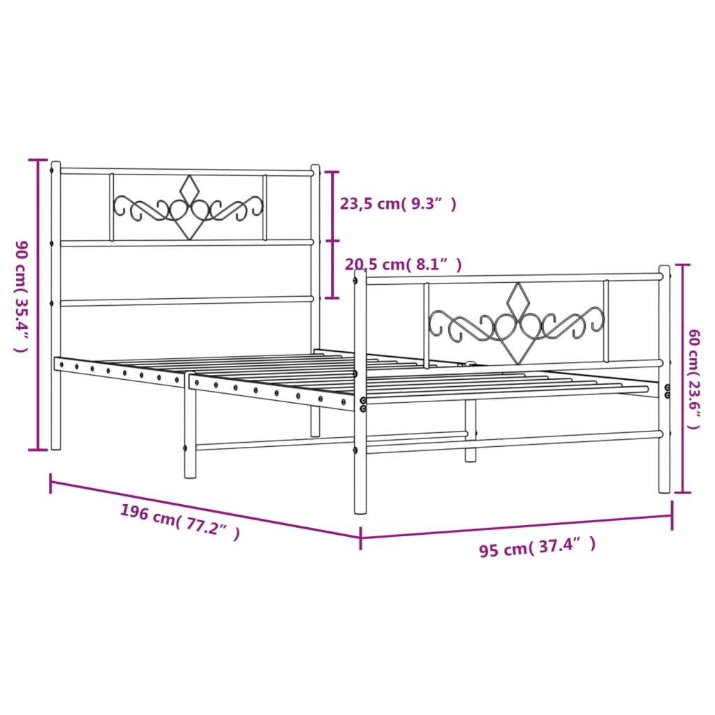 vidaXL Metal Bed Frame without Mattress with Footboard Black 90x190cm