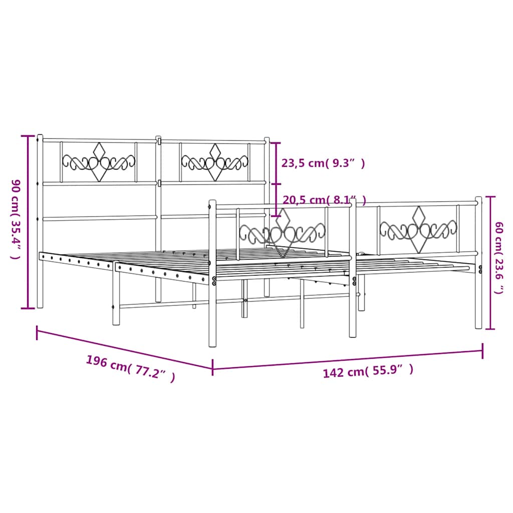 Metal Bed Frame without Mattress with Footboard Black 135x190cm