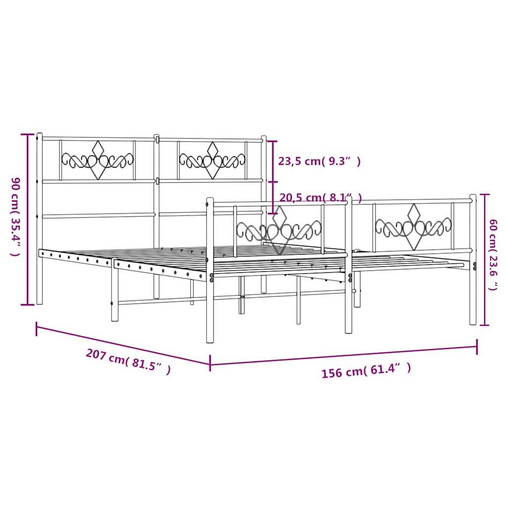Metal Bed Frame without Mattress with Footboard White 150x200cm