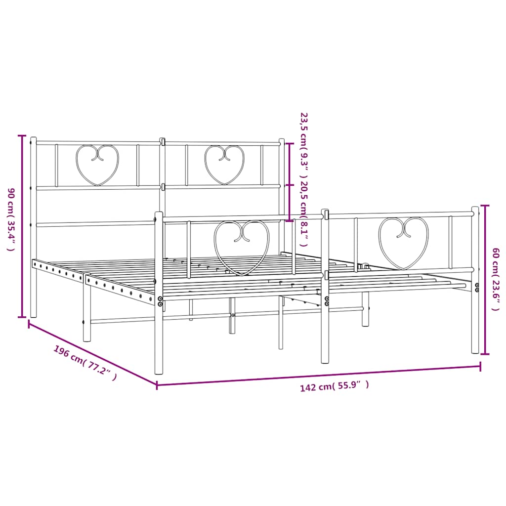 Metal Bed Frame without Mattress with Footboard White 135x190cm