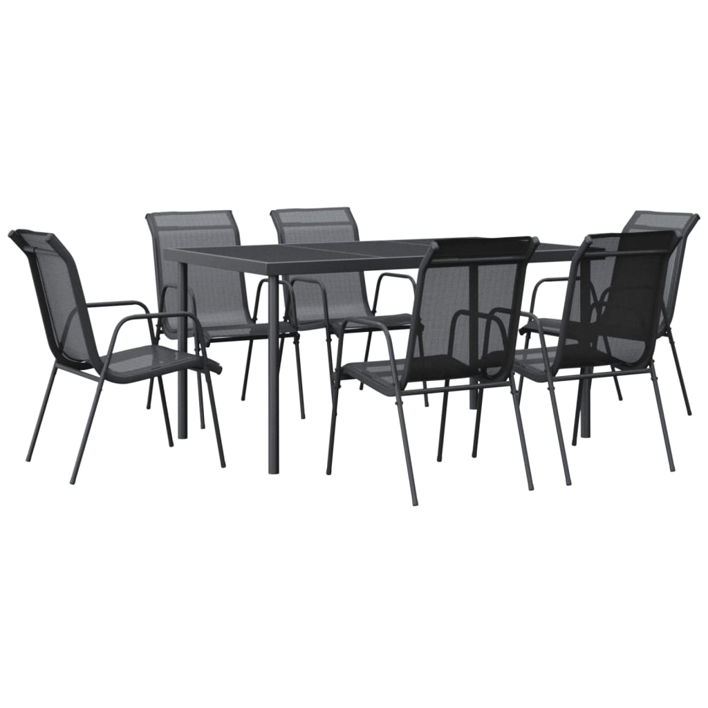 vidaXL 7 Piece Garden Dining Set Black Steel and Textilene