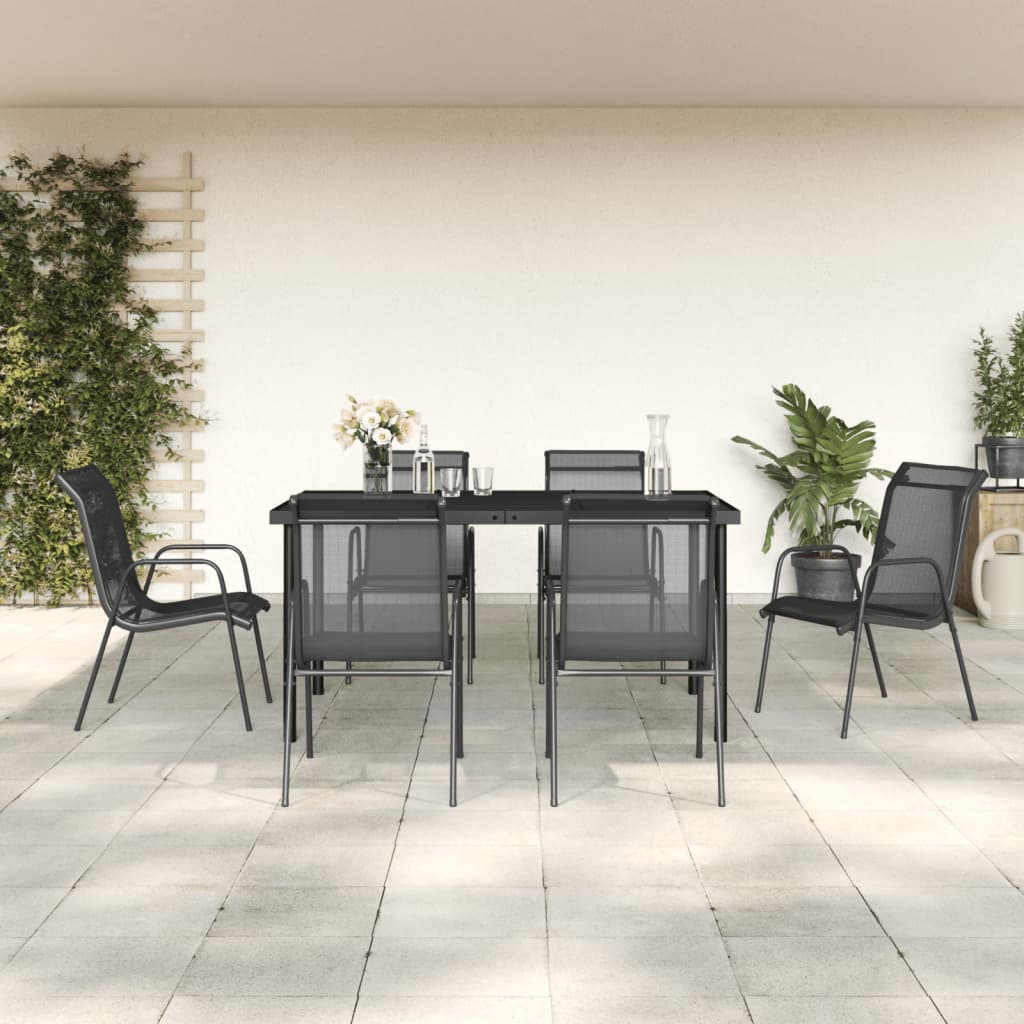 vidaXL 7 Piece Garden Dining Set Black Steel and Textilene