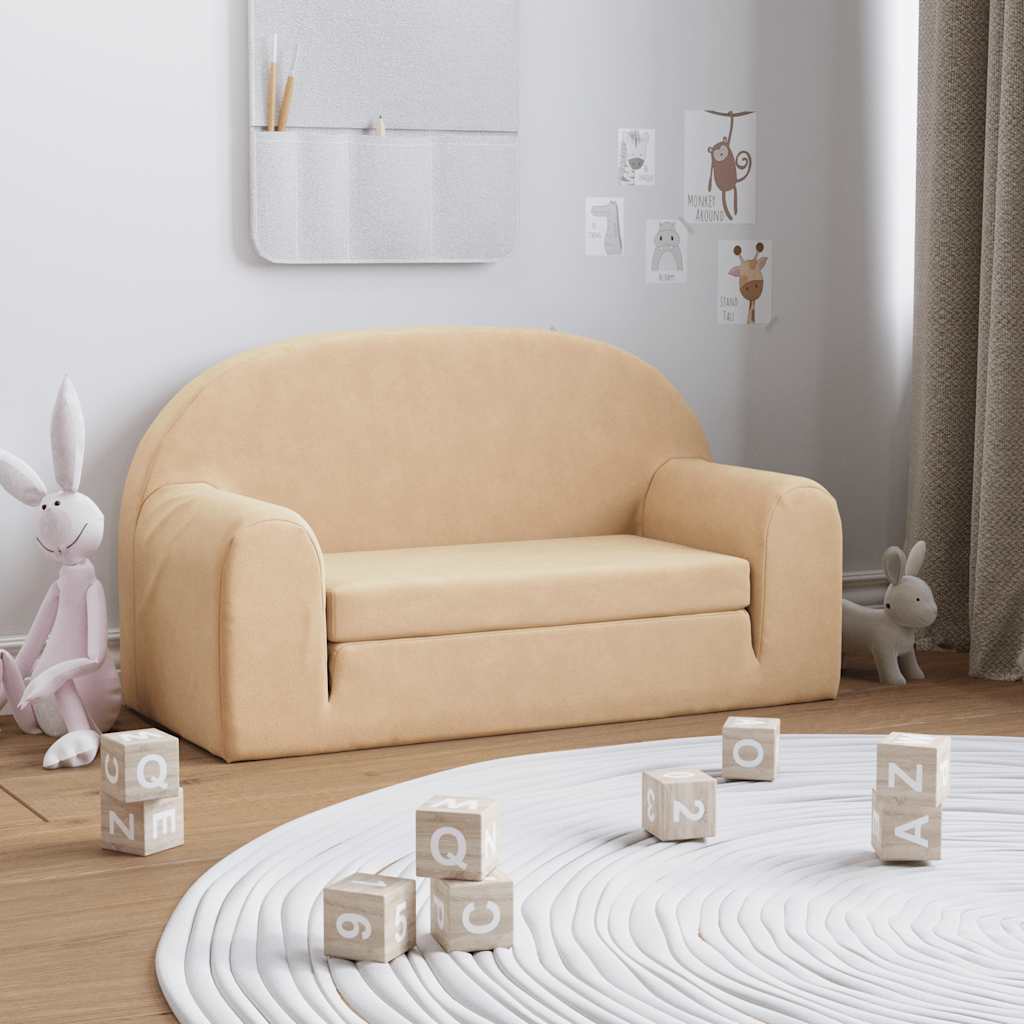Kids' Sofa Bed 2-Seater Cream Soft Plush