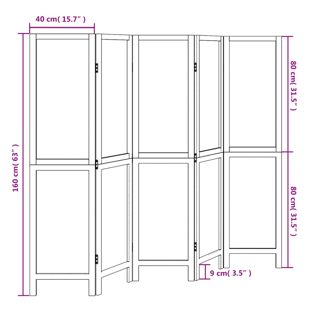 vidaXL Room Divider 5 Panels Dark Brown Solid Wood Paulownia