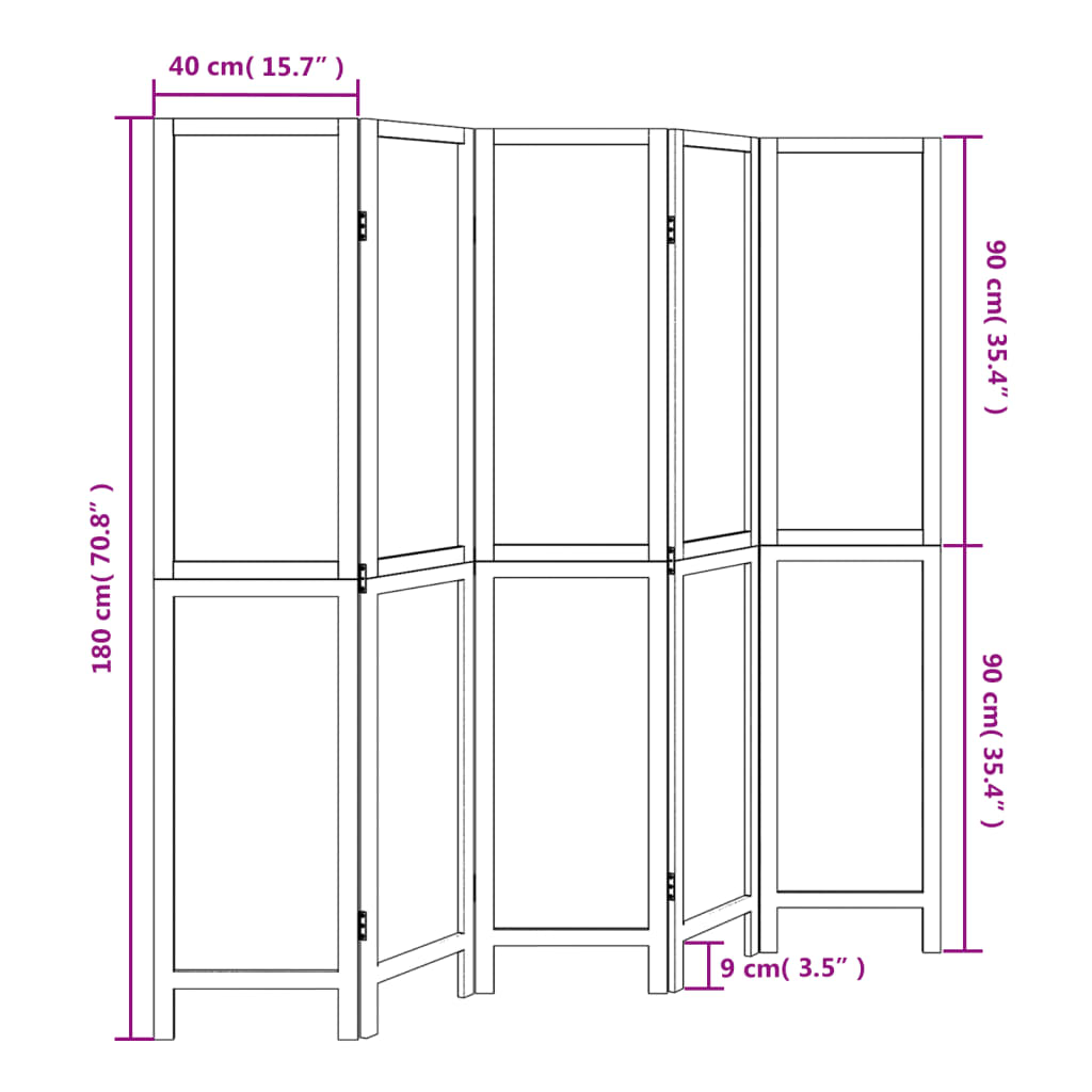 Room Divider 5 Panels Dark Brown Solid Wood Paulownia