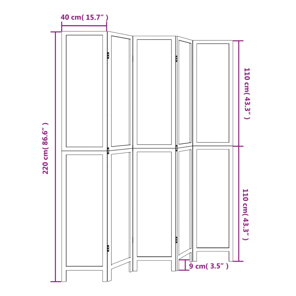 vidaXL Room Divider 5 Panels Dark Brown Solid Wood Paulownia