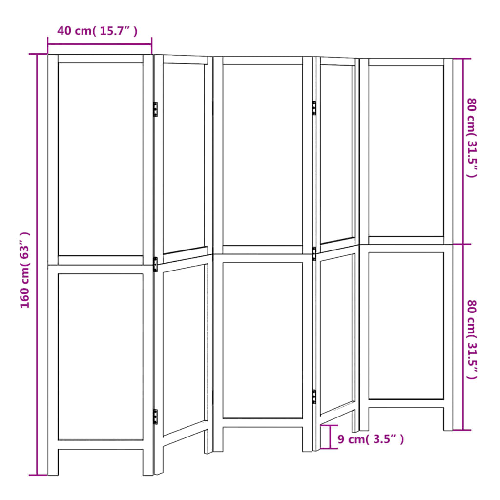 vidaXL Room Divider 5 Panels White Solid Wood Paulownia