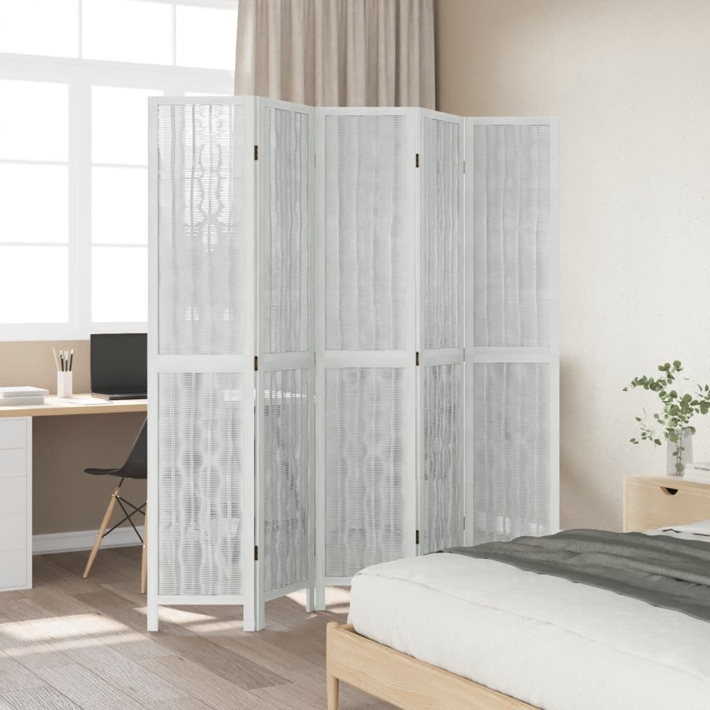 vidaXL Room Divider 5 Panels White Solid Wood Paulownia