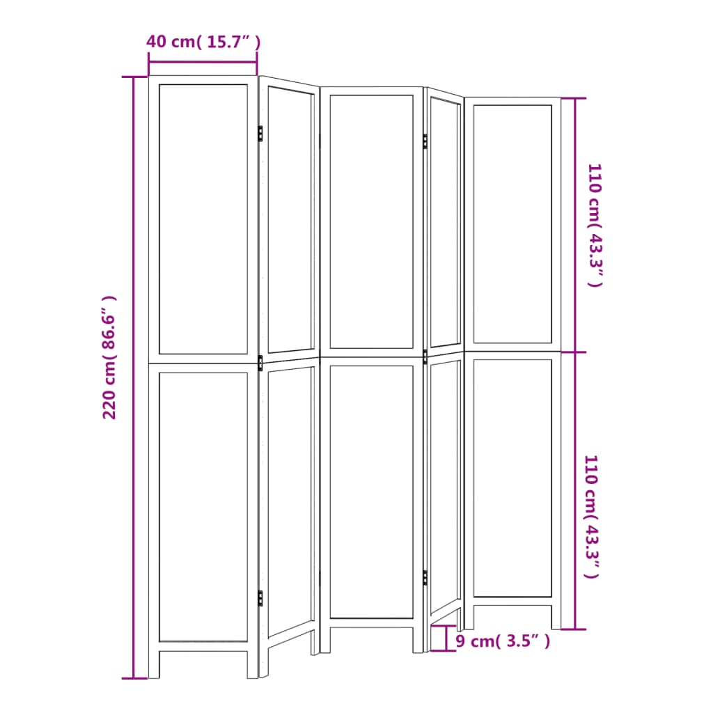 vidaXL Room Divider 5 Panels White Solid Wood Paulownia