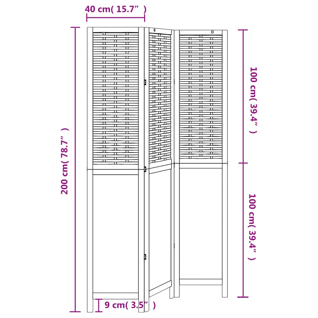 Room Divider 3 Panels Dark Brown Solid Wood Paulownia