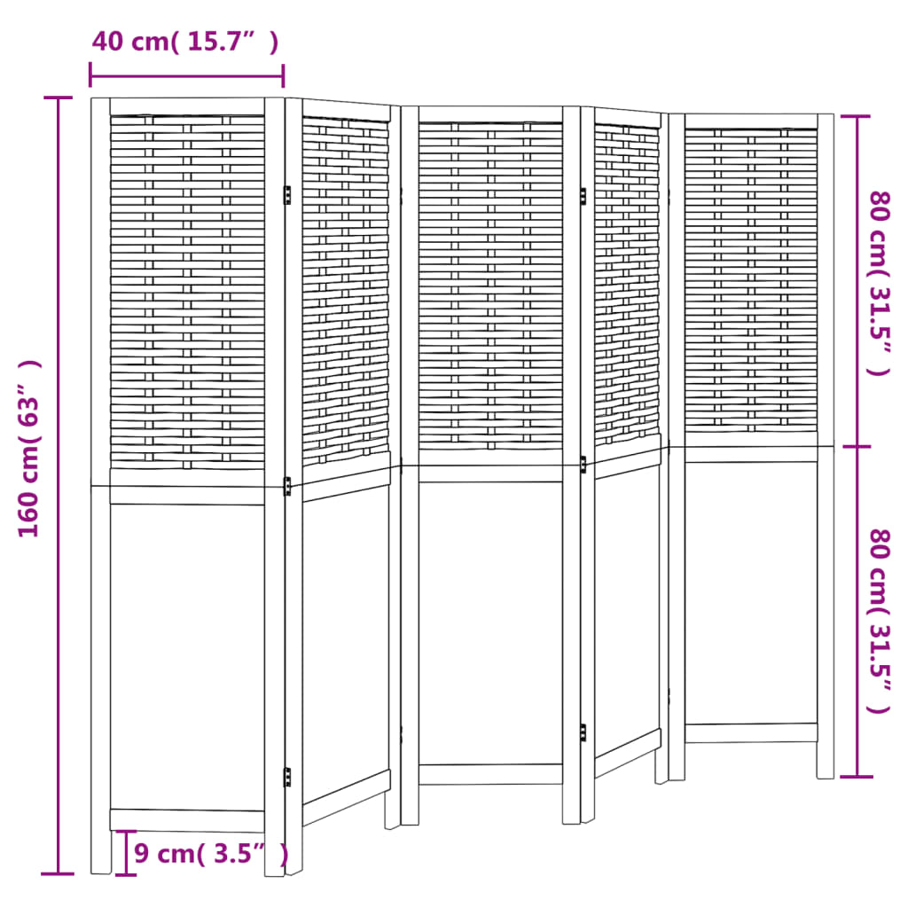 vidaXL Room Divider 5 Panels Dark Brown Solid Wood Paulownia