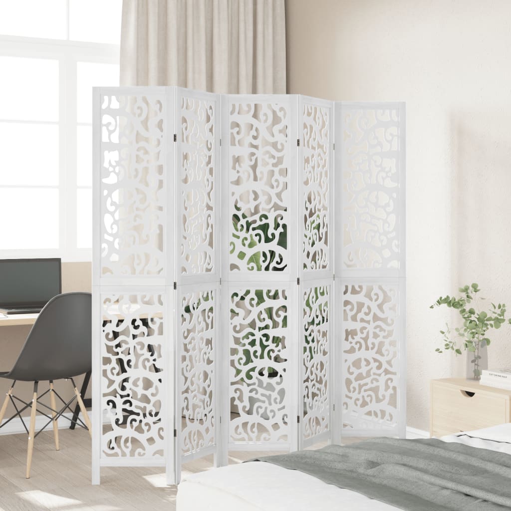 vidaXL Room Divider 5 Panels White Solid Wood Paulownia