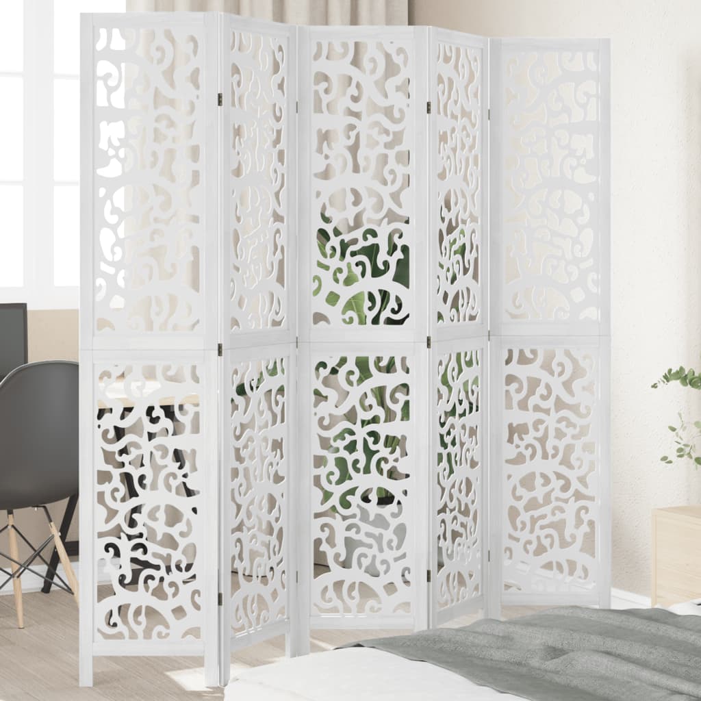 vidaXL Room Divider 5 Panels White Solid Wood Paulownia