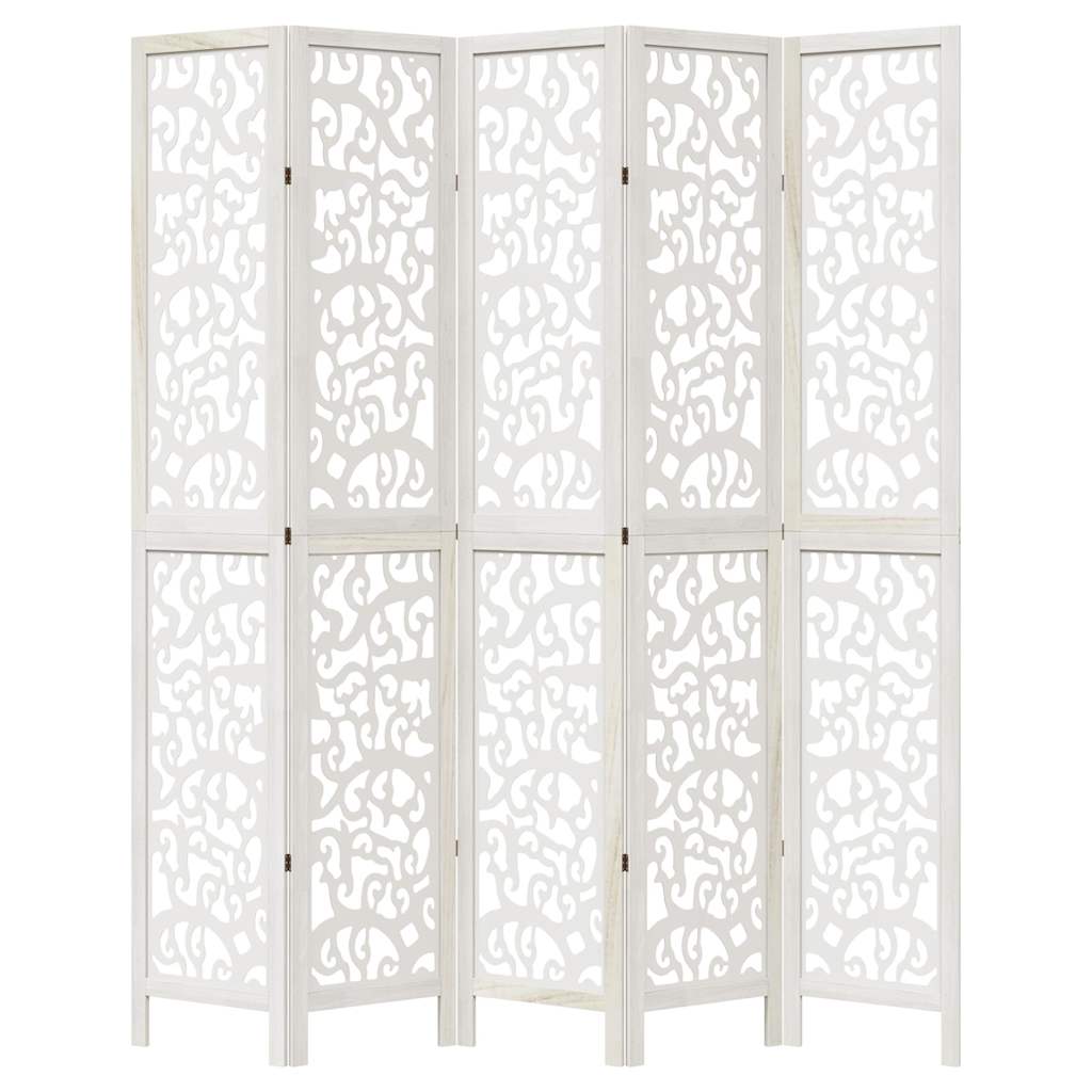 Room Divider 5 Panels White Solid Wood Paulownia