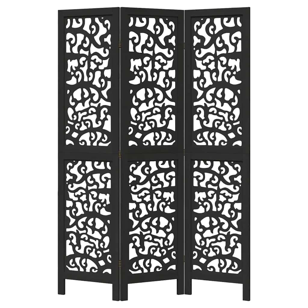 Room Divider 3 Panels Black Solid Wood Paulownia