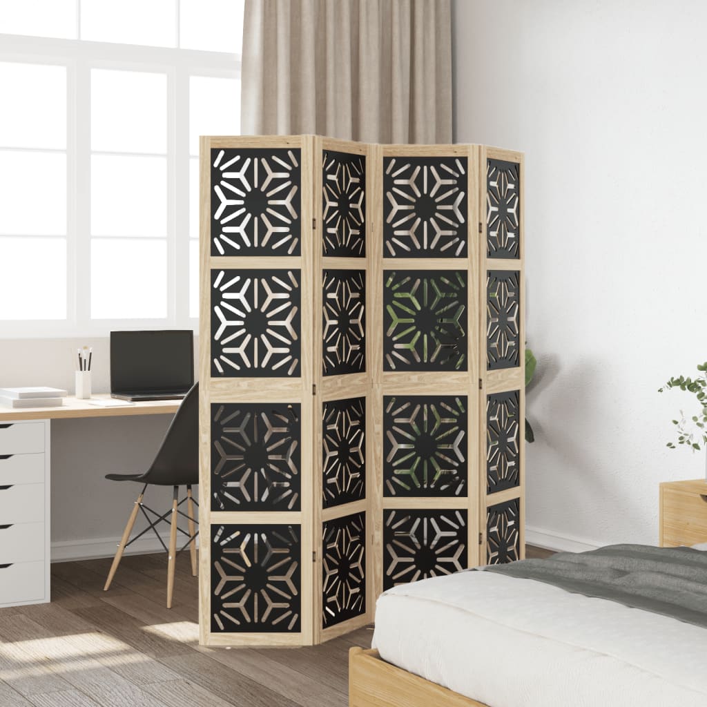 vidaXL Room Divider 4 Panels Brown and Black Solid Wood Paulownia