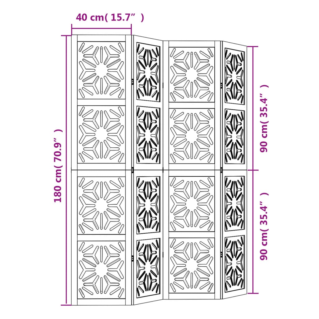 vidaXL Room Divider 4 Panels Brown and Black Solid Wood Paulownia