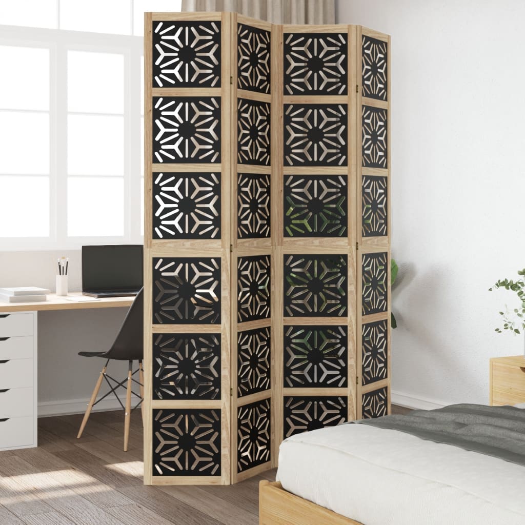 vidaXL Room Divider 4 Panels Brown and Black Solid Wood Paulownia