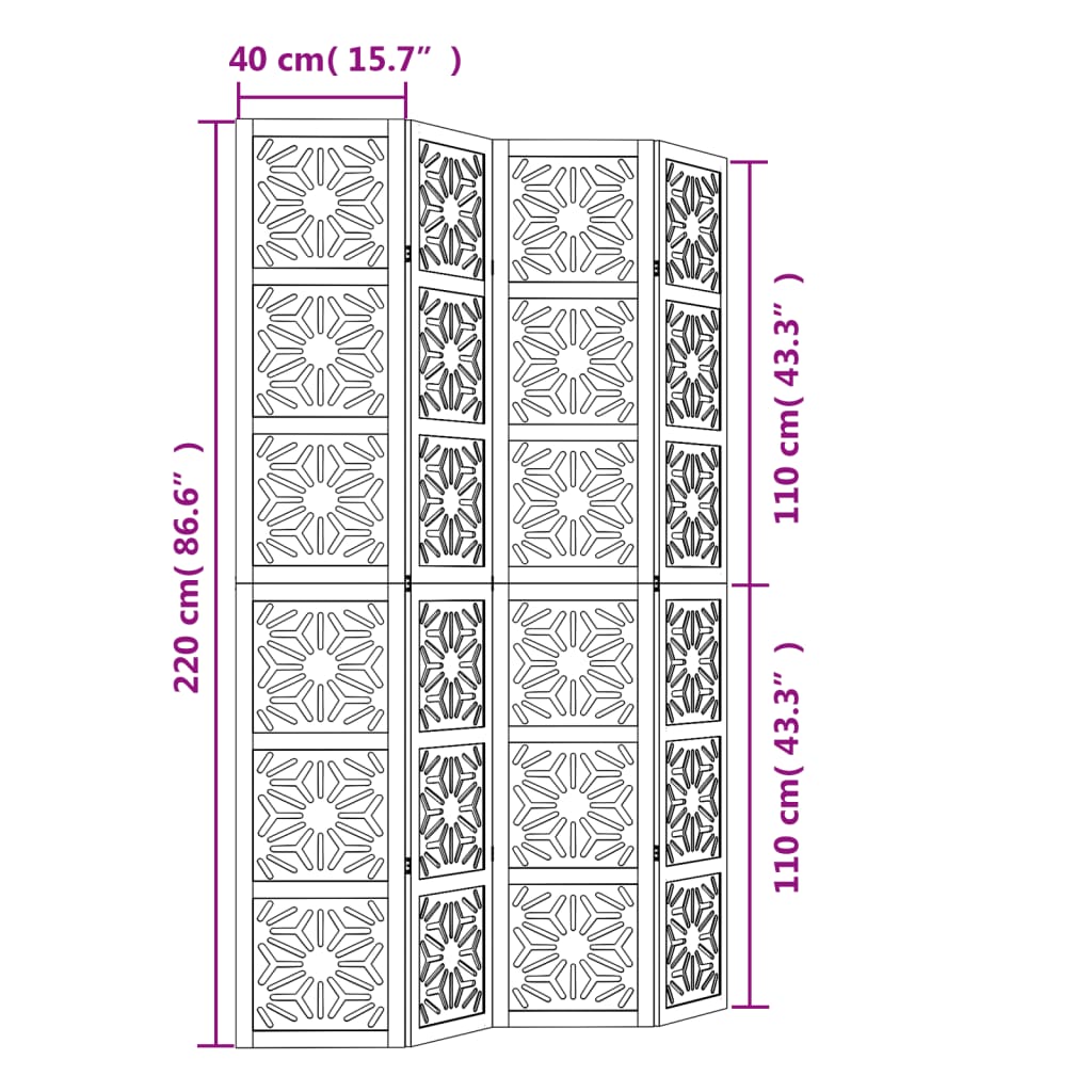 vidaXL Room Divider 4 Panels Brown and Black Solid Wood Paulownia