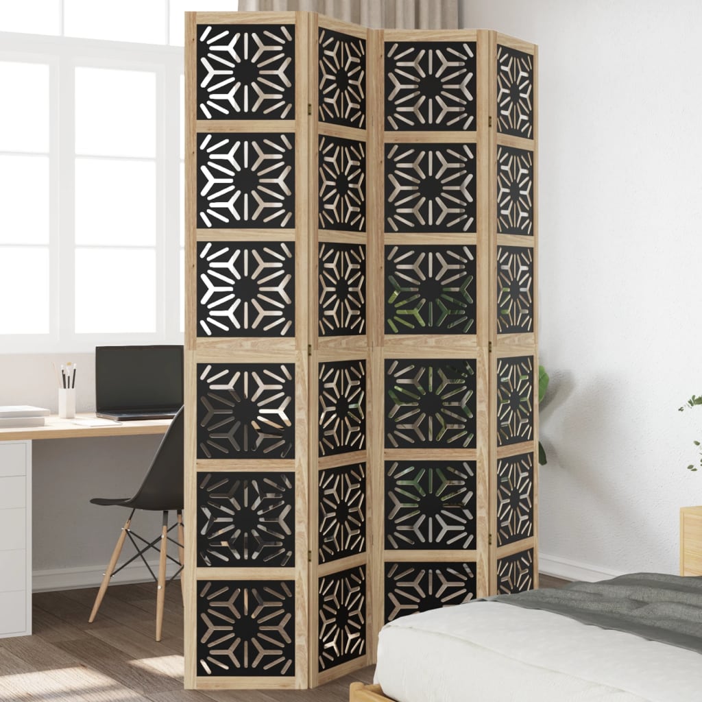 vidaXL Room Divider 4 Panels Brown and Black Solid Wood Paulownia