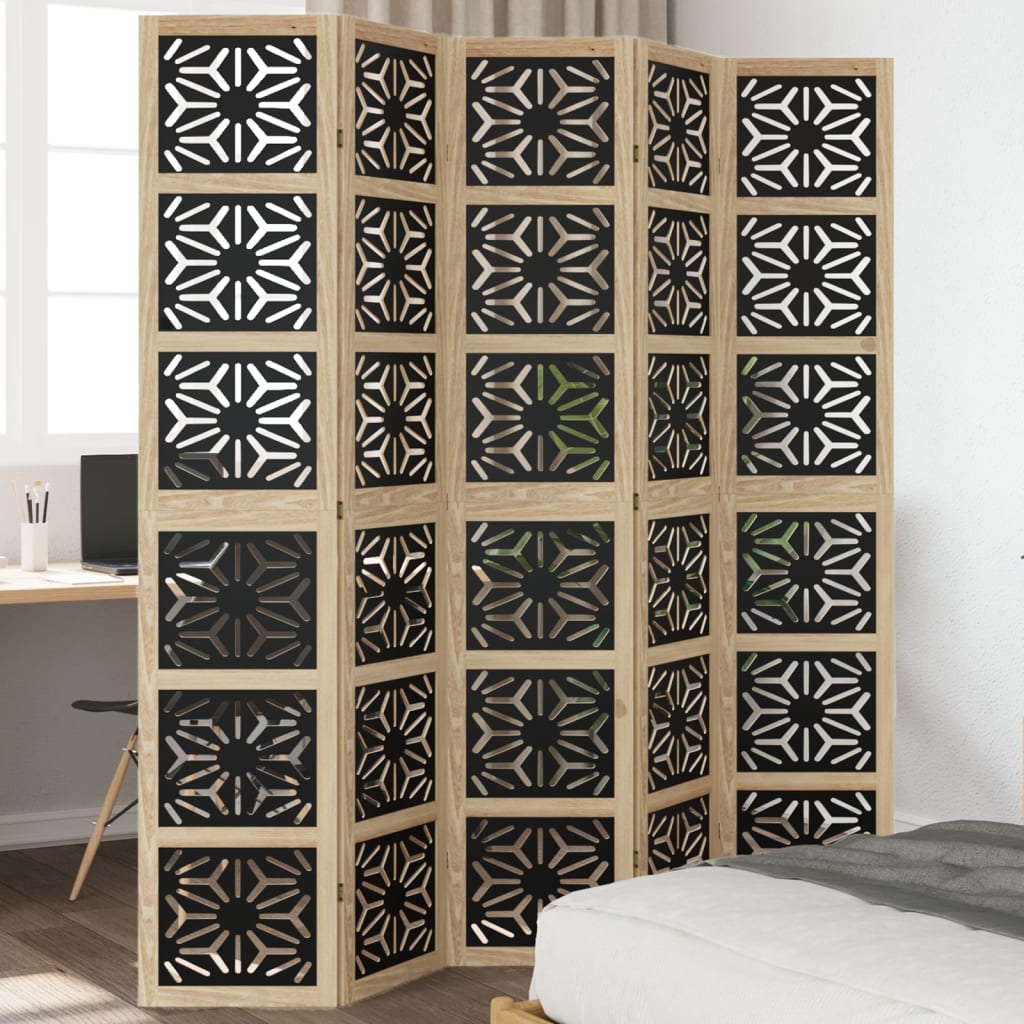 Room Divider 5 Panels Brown and Black Solid Wood Paulownia