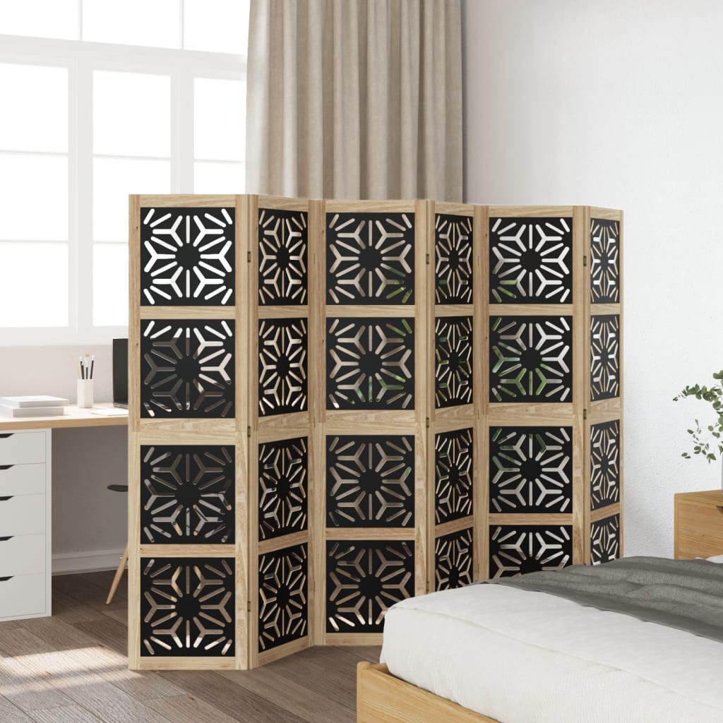 Room Divider 6 Panels Brown and Black Solid Wood Paulownia