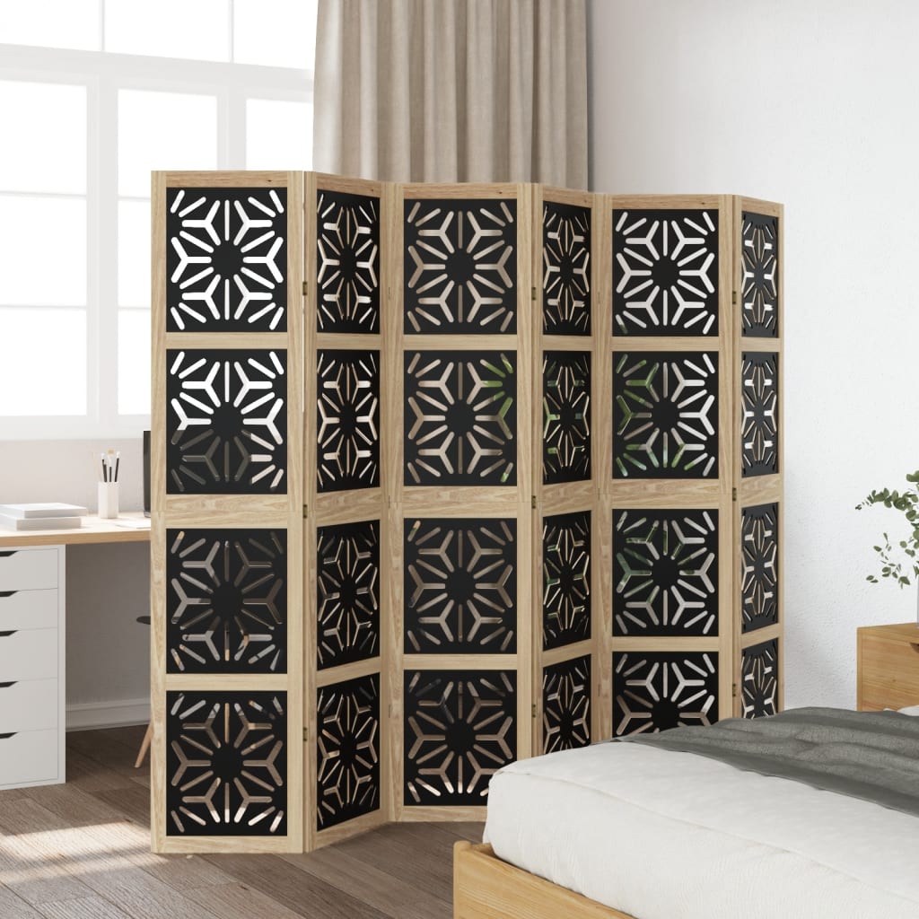 Room Divider 6 Panels Brown and Black Solid Wood Paulownia