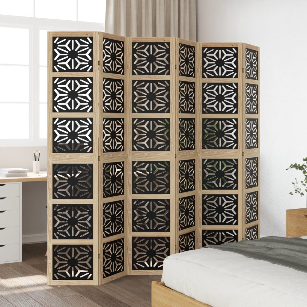 vidaXL Room Divider 6 Panels Brown and Black Solid Wood Paulownia