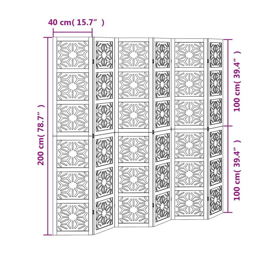 vidaXL Room Divider 6 Panels Brown and Black Solid Wood Paulownia